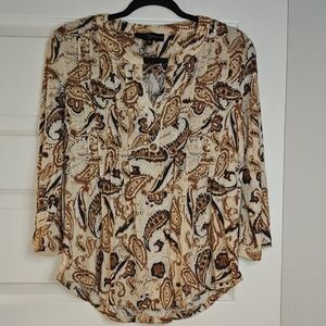 Paisley Blouse Size Small | Cream & Brown Earth Tones | 3/4 Sleeve | Stretch